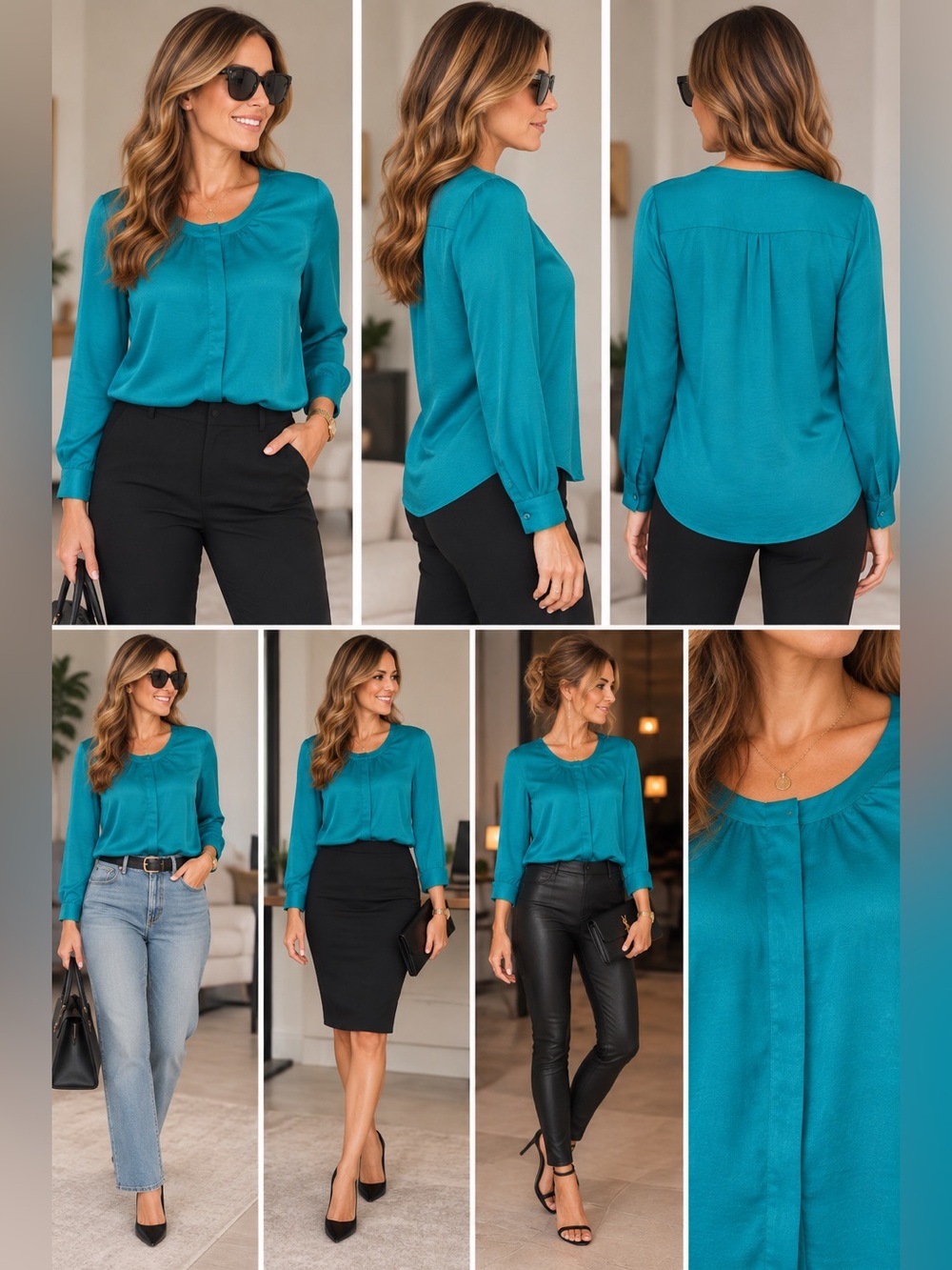 Forever 21 turquoise blue long sleeve satin effect button front blouse Sz L